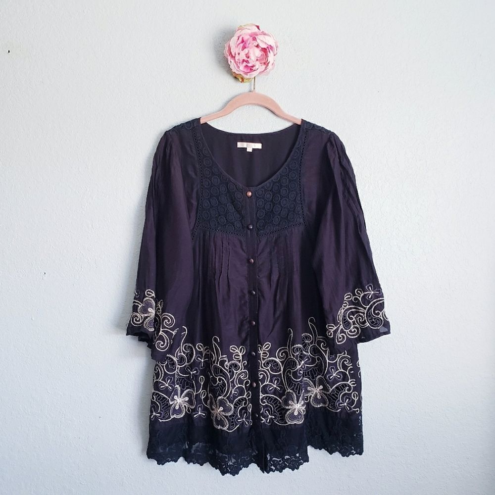 Rebecca Taylor Black Floral Eyelet 3/4 Sleeve Button Down Silk Blend Blouse